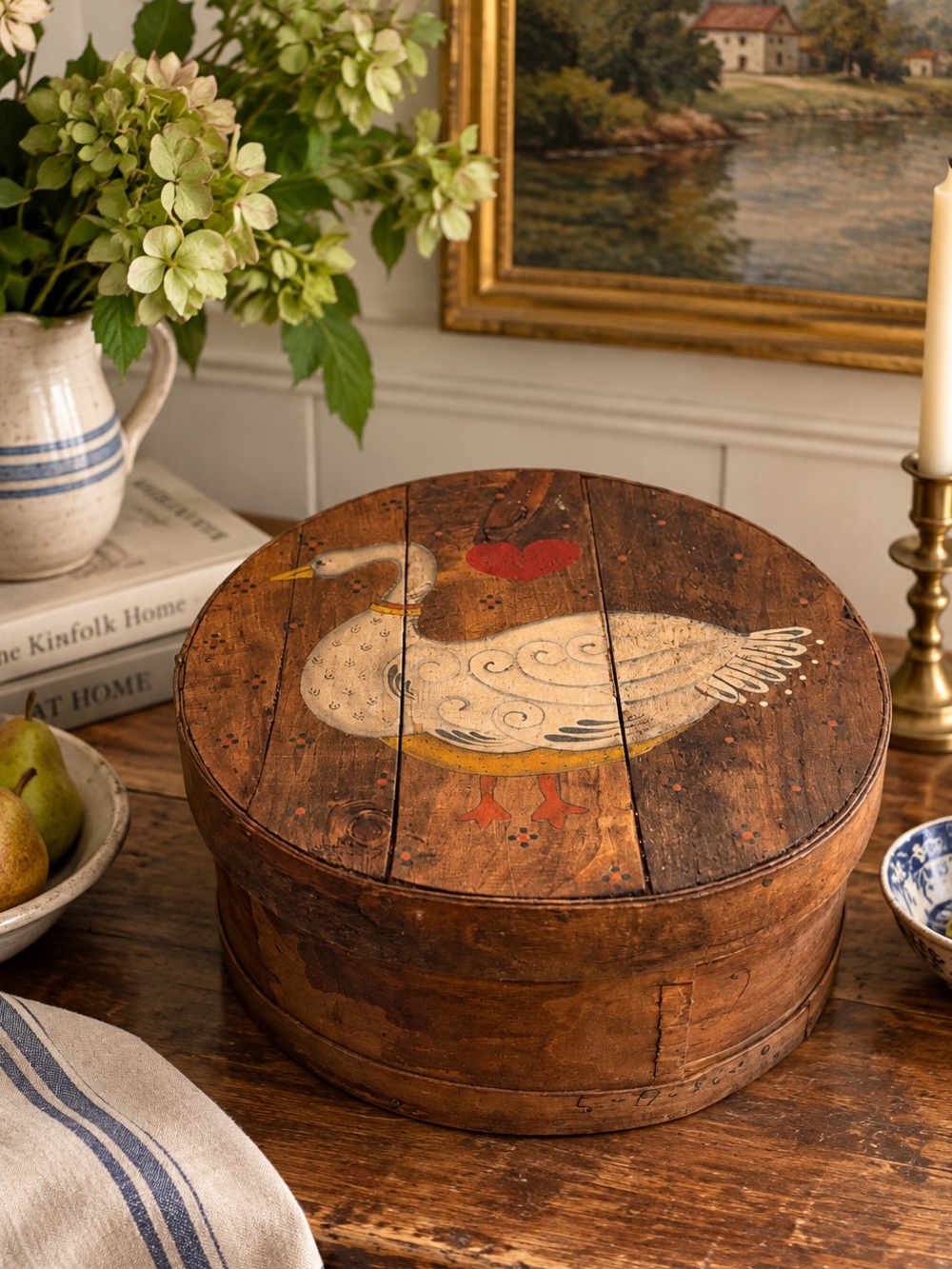 Vintage Large 15” Hand-Painted Folk Art Goose Wood Cheese Box